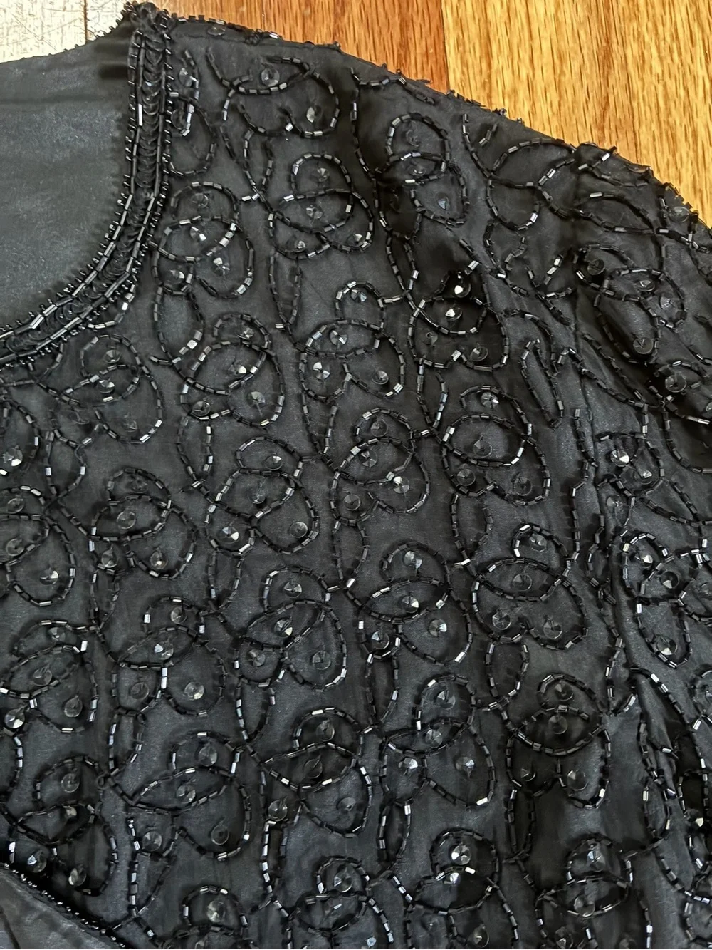VTG Laurence Kazar Black Beaded Sequin Silk Open Front Lined Jacket Women’s L